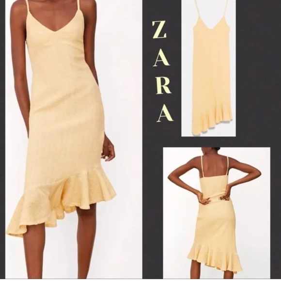 Zara Yellow Midi Textured Weave Ruffle Hemmed dress - Picture 5 of 10